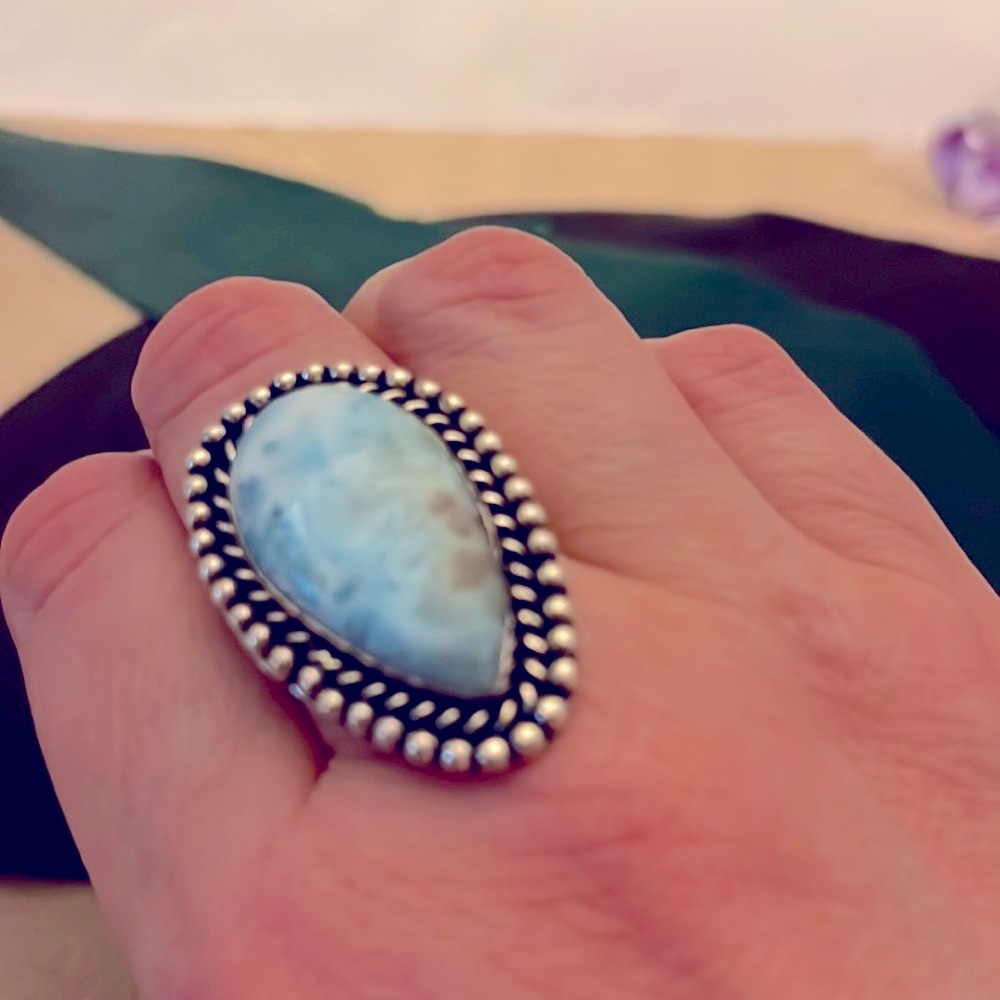Blue Larimar Stone Silver Ring - Picture 2 of 7